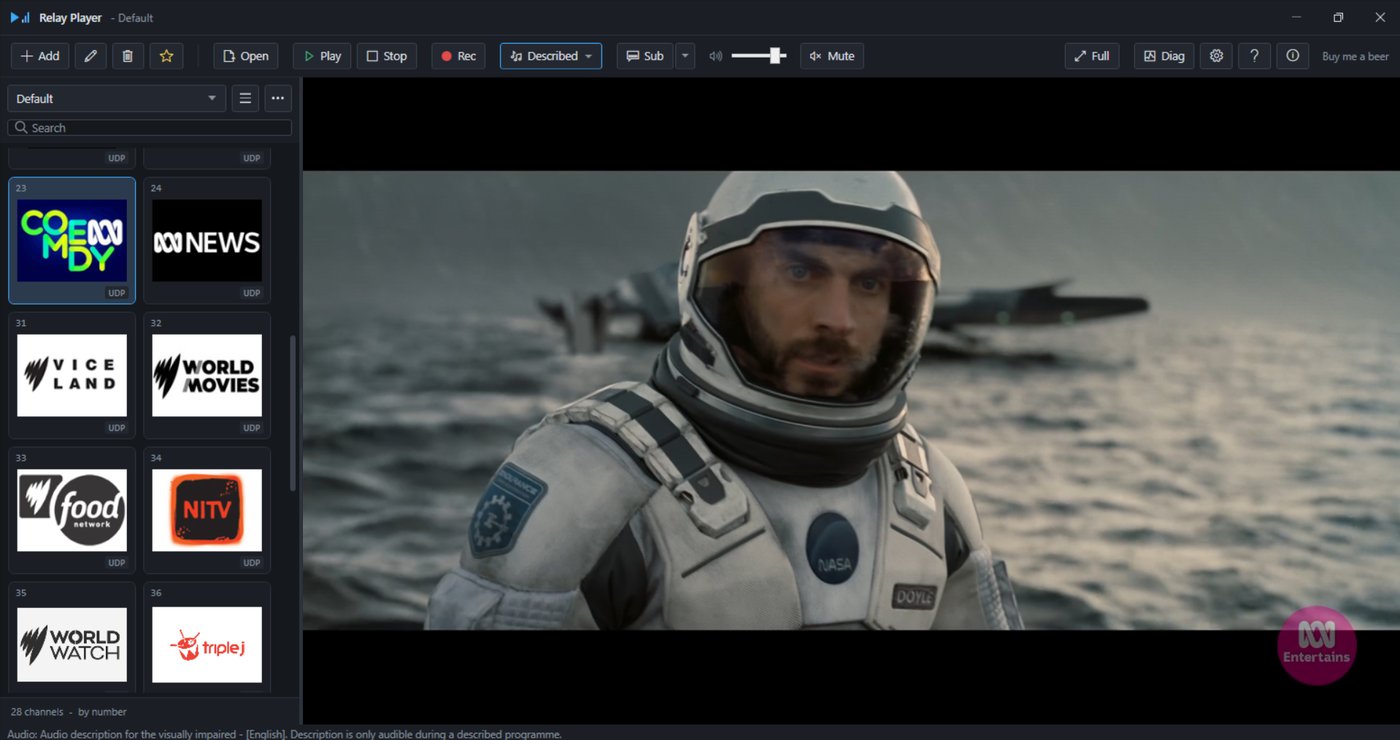 Relay Player playing a movie, with the channel list open alongside the video and a described-audio badge showing