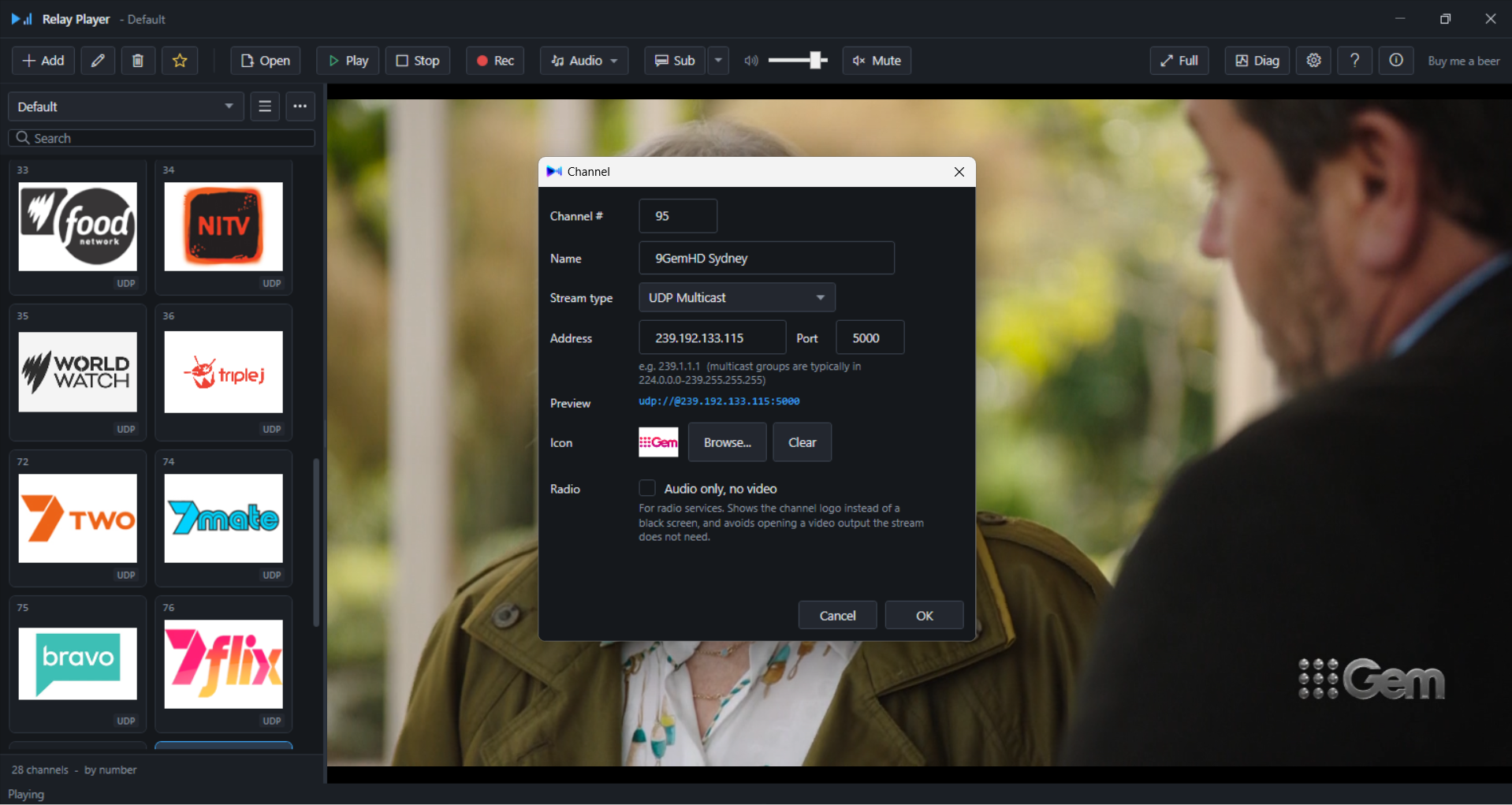 Channel editor filled in for a UDP multicast channel