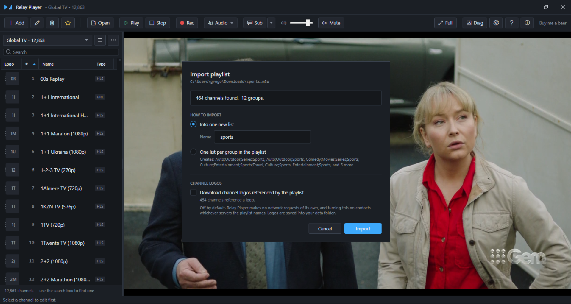 M3U import preview showing channel and group counts, with per-group import selected
