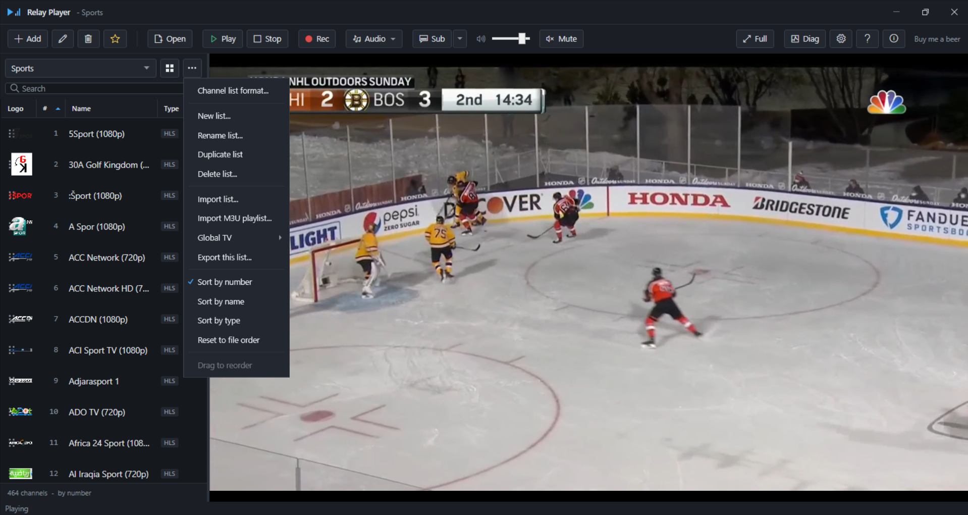 List options menu open, showing all available actions