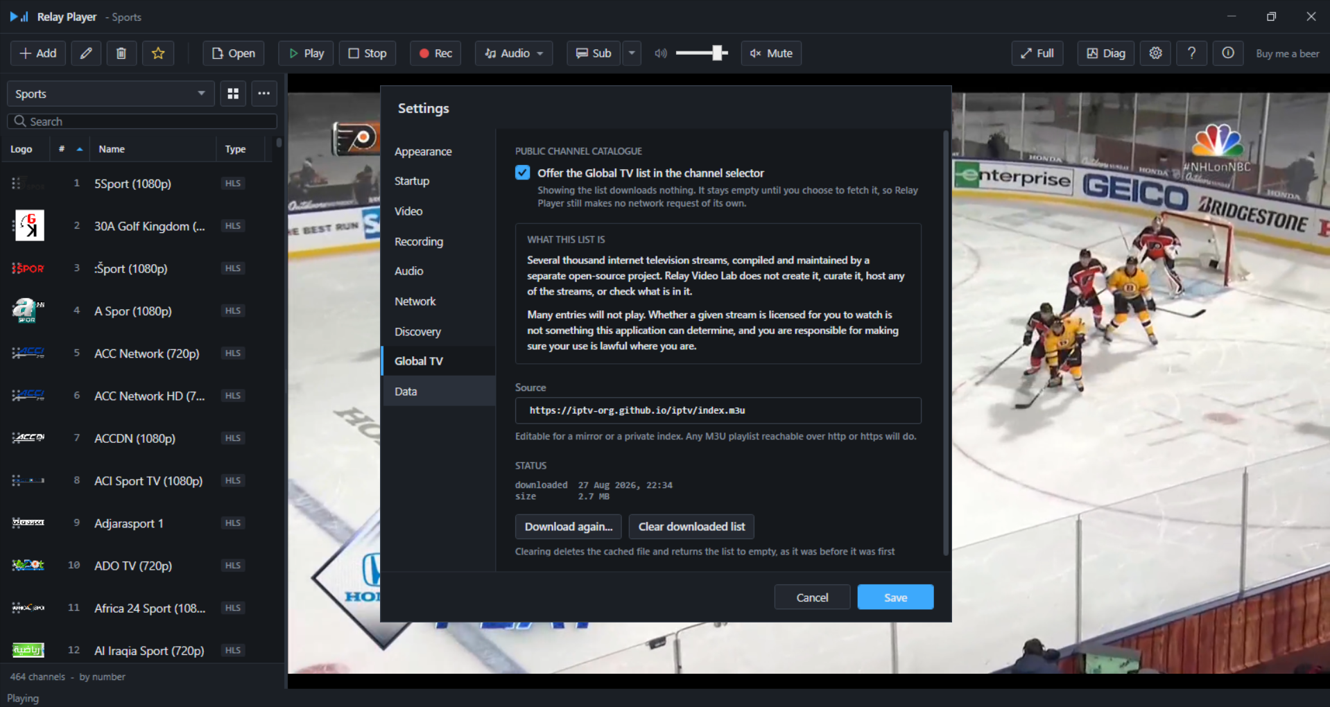 Global TV settings tab, showing the enable checkbox and the caveat panel