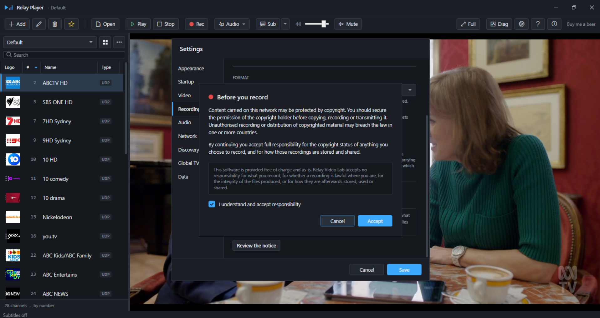 Recording copyright notice dialog
