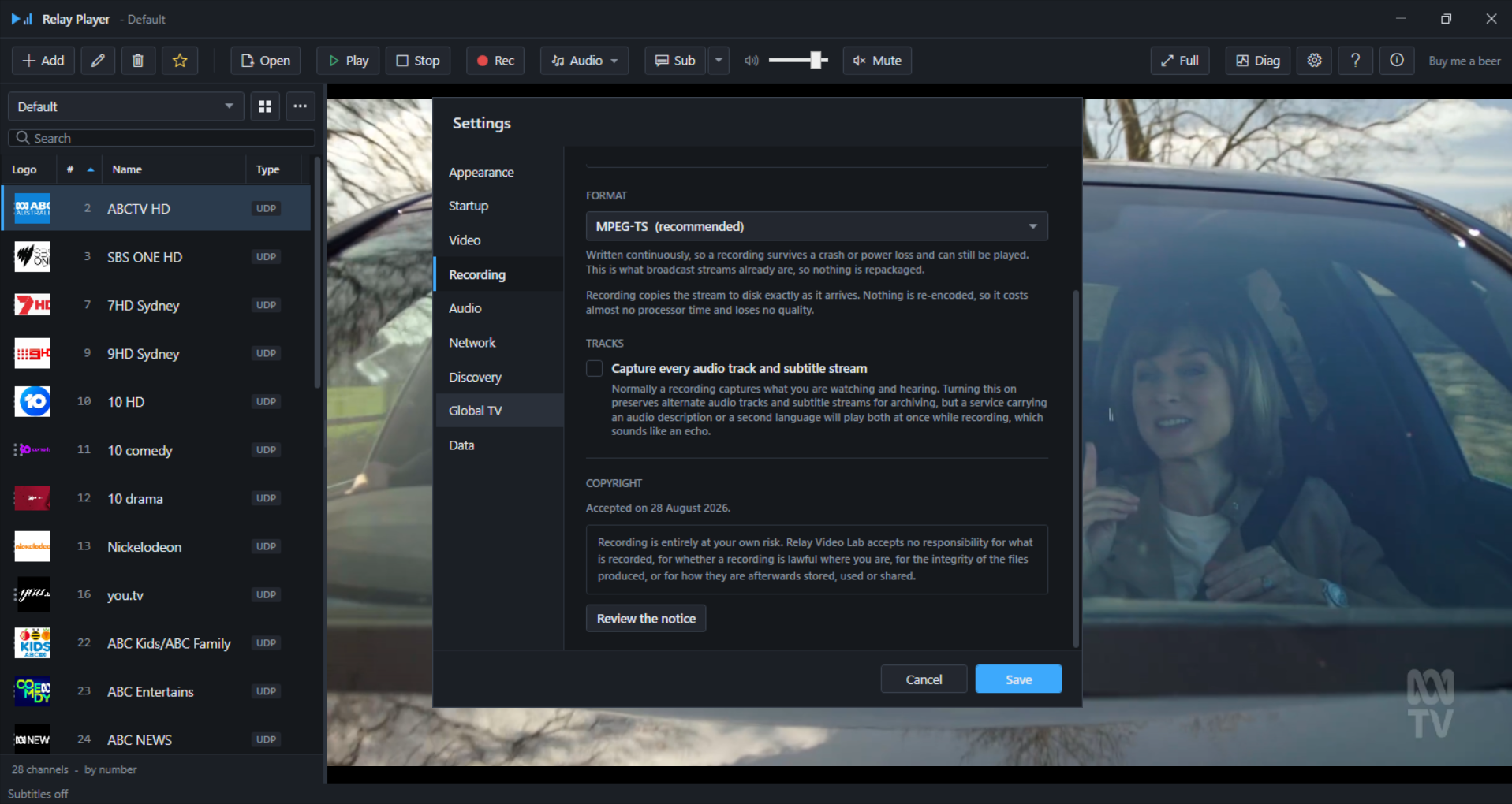 Recording settings tab