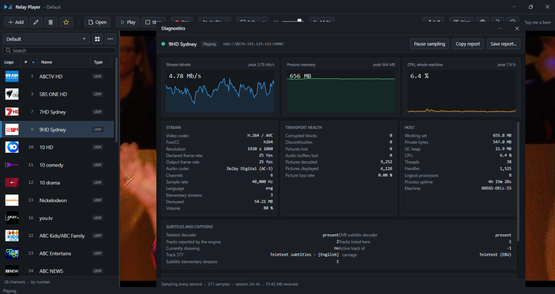 Diagnostics window, full, with a healthy stream playing and all panels populated