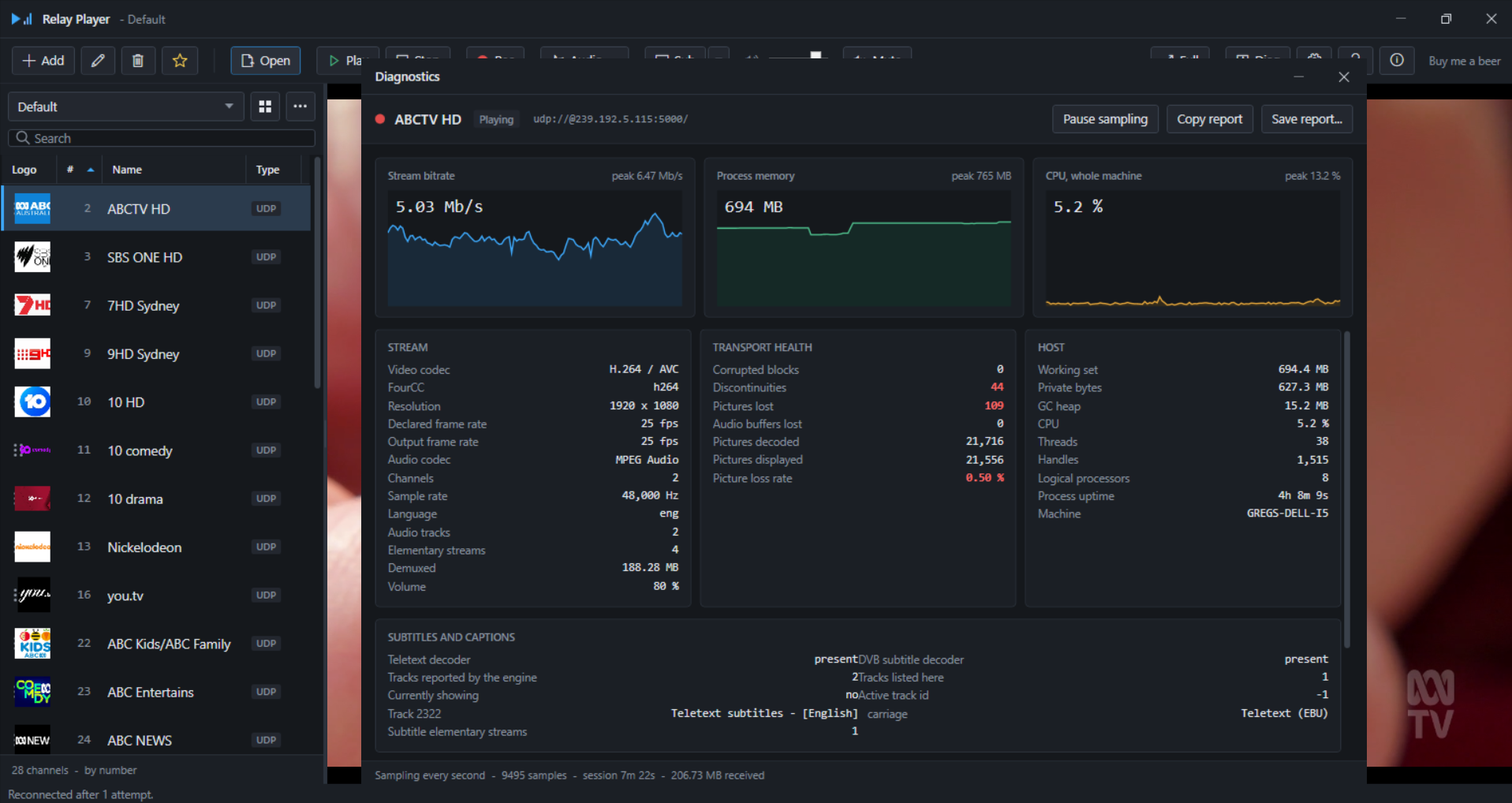 Diagnostics transport health panel showing non-zero error counters