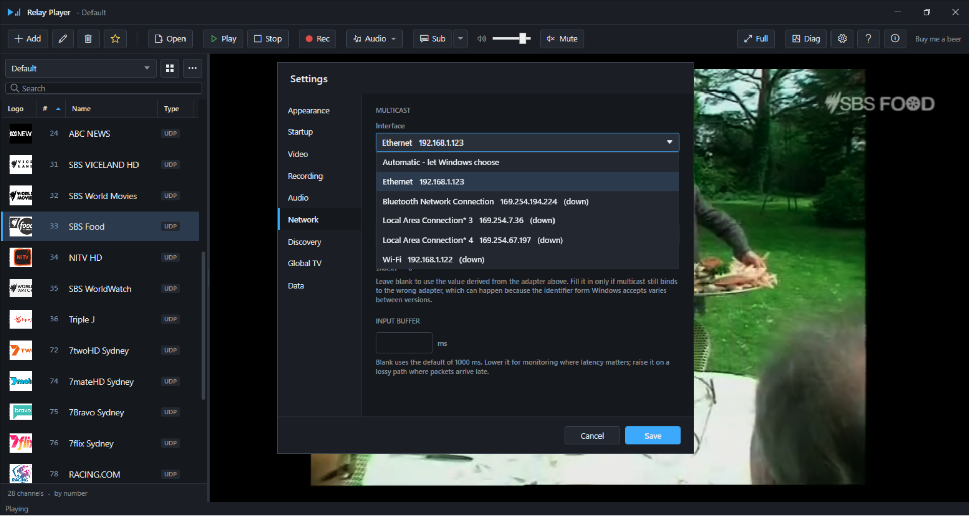Network settings tab with the adapter dropdown open