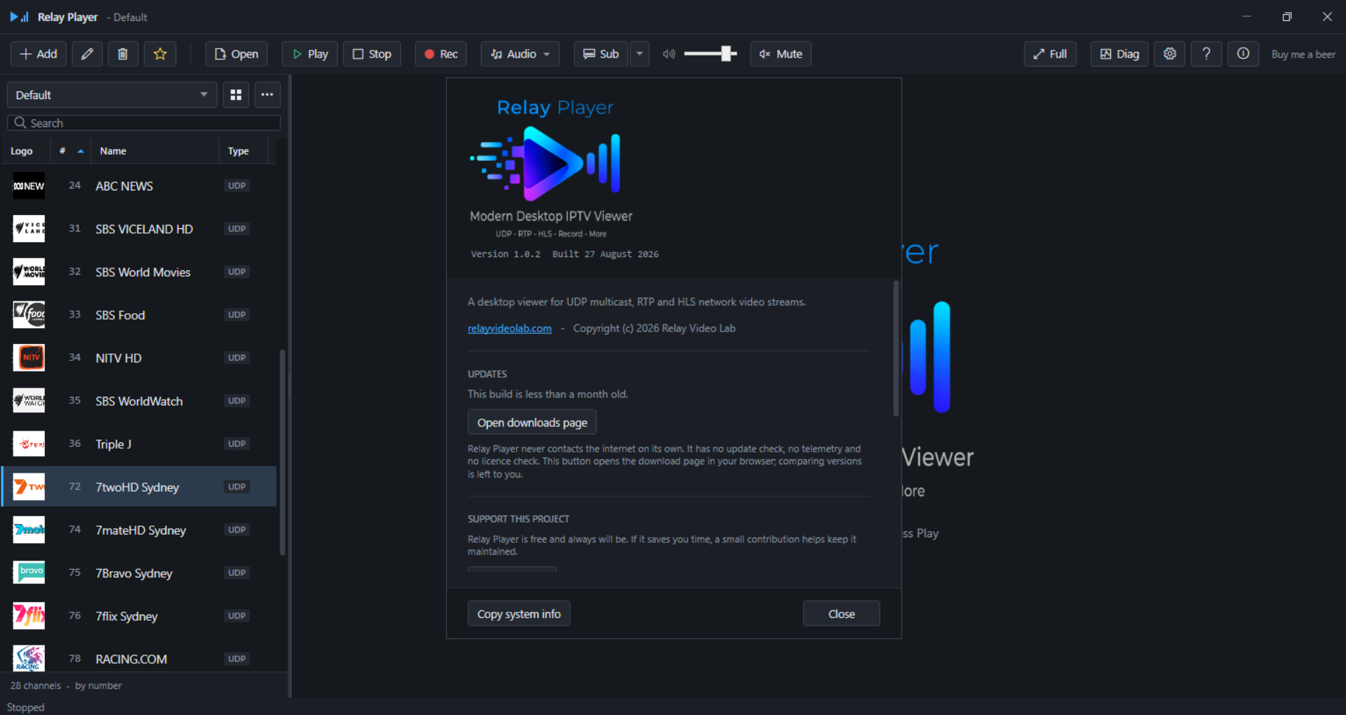 About dialog showing version, licensing and component information