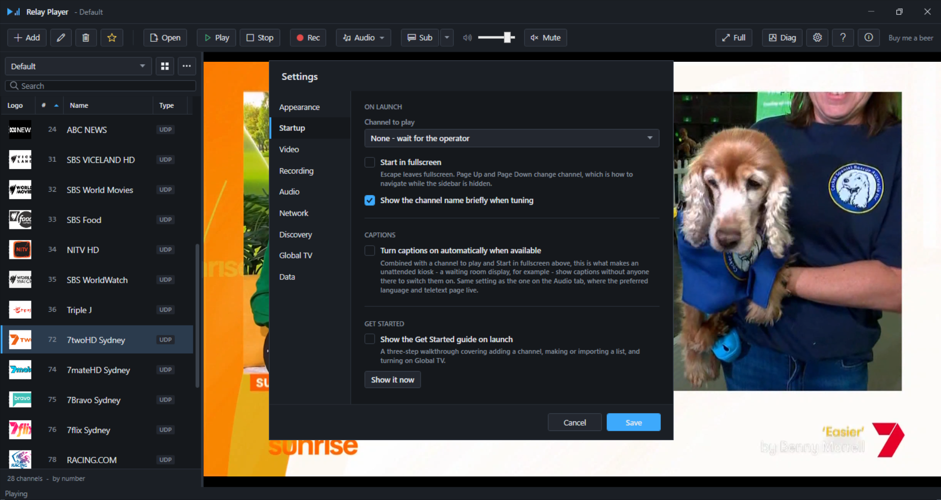 Startup settings tab showing the channel, fullscreen, banner, captions and get started groups